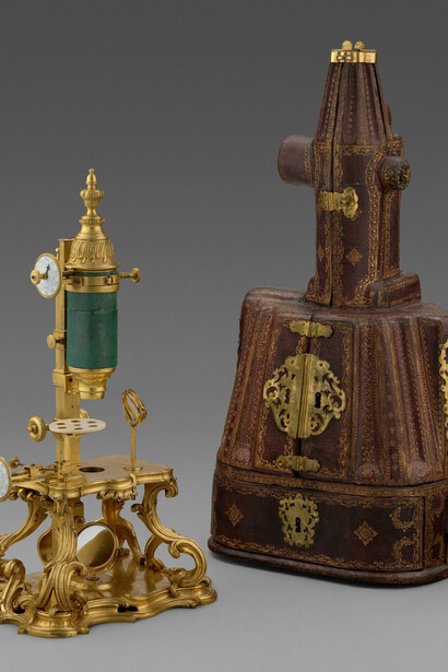 Compound Microscope with a Micrometric Stage and Its Case, french, 1750. Courtesy of J. Paul Getty Museum