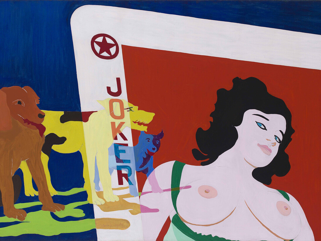 Alain Jacquet, Camouflage "Joker", 1963, Huile sur toile / Oil on canvas, 88,5 x 129 cm / 34 7/8 x 50 3/4 in. 
Courtesy Comité Jacquet et Galerie GP & N Vallois, Paris, Photo credit : Fabien Jacquet
