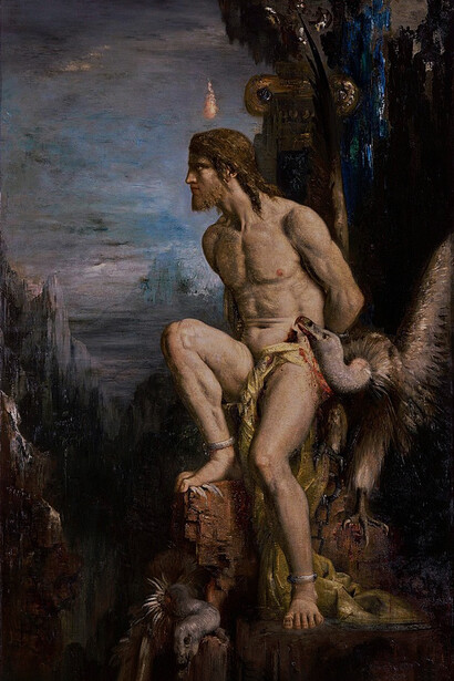 Gustave Moreau, Prometeo, 1868. En el mito, un titán roba el fuego de los dioses para dárselo a la humanidad, siendo castigado por su audacia
