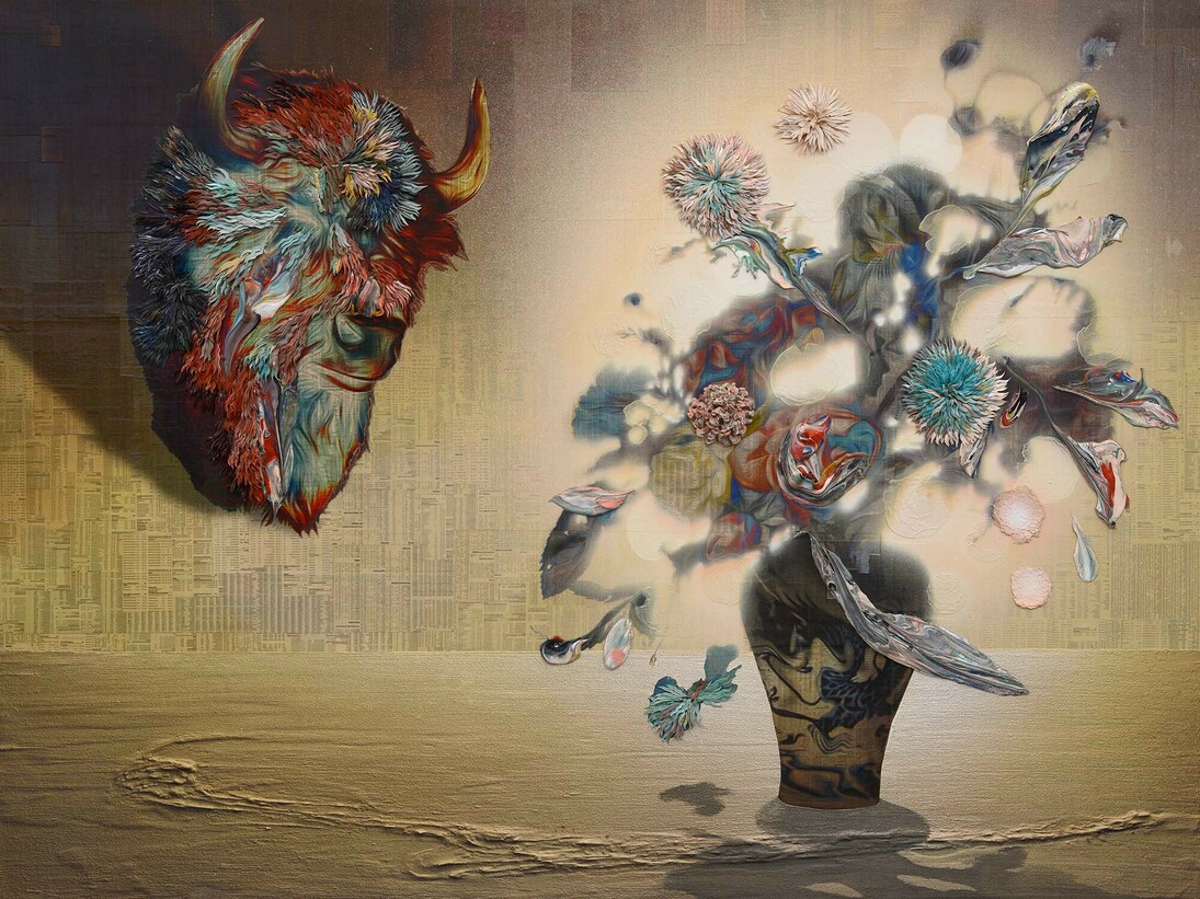 Gordon Cheung, A Strange Game, 2015, Signed, titled, dated verso, Financial newspaper, acrylic, pumice and sand on canvas and sail cloth, 150 x 200 cm, courtesy Edel Assanti, copyright Gordon Cheung