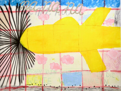 Gabrielle Graessle, nanana (detail), 2022. Acrylic Spray, Glitter, Charcoal, and Oil Pastel on Canvas, 80h x 106w x 1.50d in, 203.20h x 269.24w x 3.81d cm. Courtesy of the artist and Simchowitz Gallery