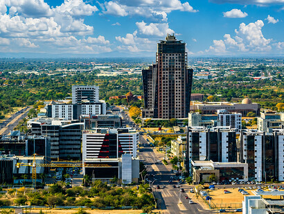 Aerial view of Gaborone’s Central Business District, Botswana’s capital city, showcasing rapid urban development and economic growth in Southern Africa
