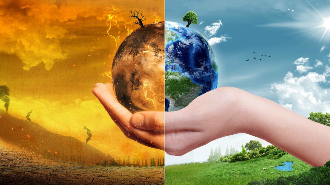 Two faces of the Earth, one with blue skies and the other overheated