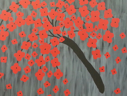 Ali Tlais, Arbre en fleurs rouges, 2014, acrylic on canvas, 125 x 100 cm, Courtesy LAS, Lebanon