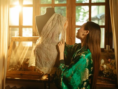 A designer shaping a garment around a mannequin, reflecting the thoughtful construction needed to accommodate different body proportions