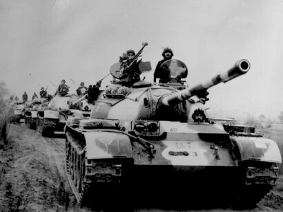 A Pakistan Army Armoured Corps tank column comprised of Type-59/T-59 Main Battle Tanks advances in West Pakistan during the 1971 war with India