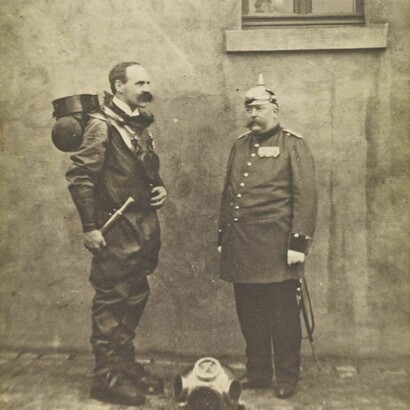 Unknown, Dr John Scott Haldane, 1860 – 1936. Physiologist. Wearing a diving suit in the company of a German soldier, about 1906, Silver gelatine print: 18.50 x 16.50 cm, Scottish National Portrait Gallery