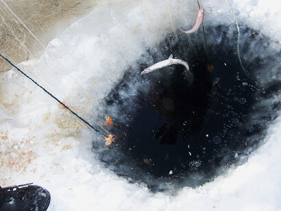 Pesca en el lago Baikal a través de un orificio practicado en el hielo