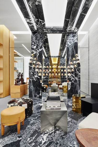 Céline’s Miami flagship store showcases the brand’s signature interior aesthetic, featuring sleek stone surfaces and geometric precision