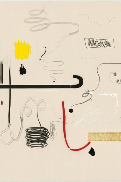 Christian Rosa, "...Oh Shit Ostrovsky", 2014, oil, charcoal, pencil, resin, spraypaint and oil stick on canvas, 200 x 261 cm / 78 3/4 x 102 3/4 in, Courtesy Contemporary Fine Arts, Berlin, Photo: Jochen Littkemann (detail)