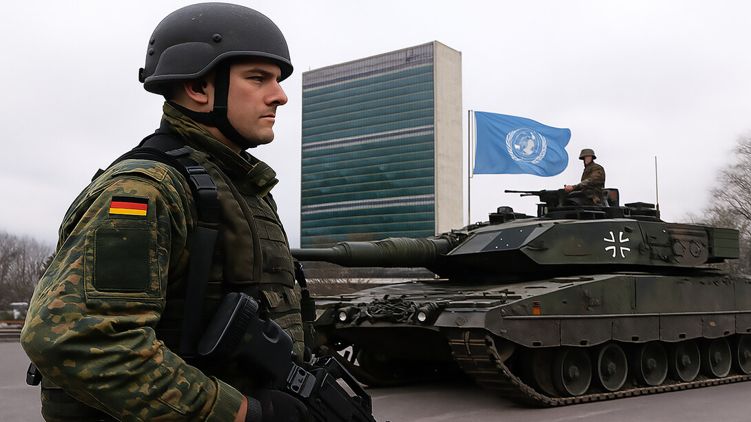 A German soldier stands guard before the United Nations headquarters, symbolizing the tension between Germany’s military resurgence and its obligation to uphold the UN Charter’s peace mandate