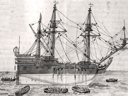 Grabado que representa un galeón español