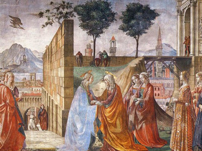 Domenico Ghirlandaio, Cappella Tornabuoni, Visitazione con i tre personaggi di spalle