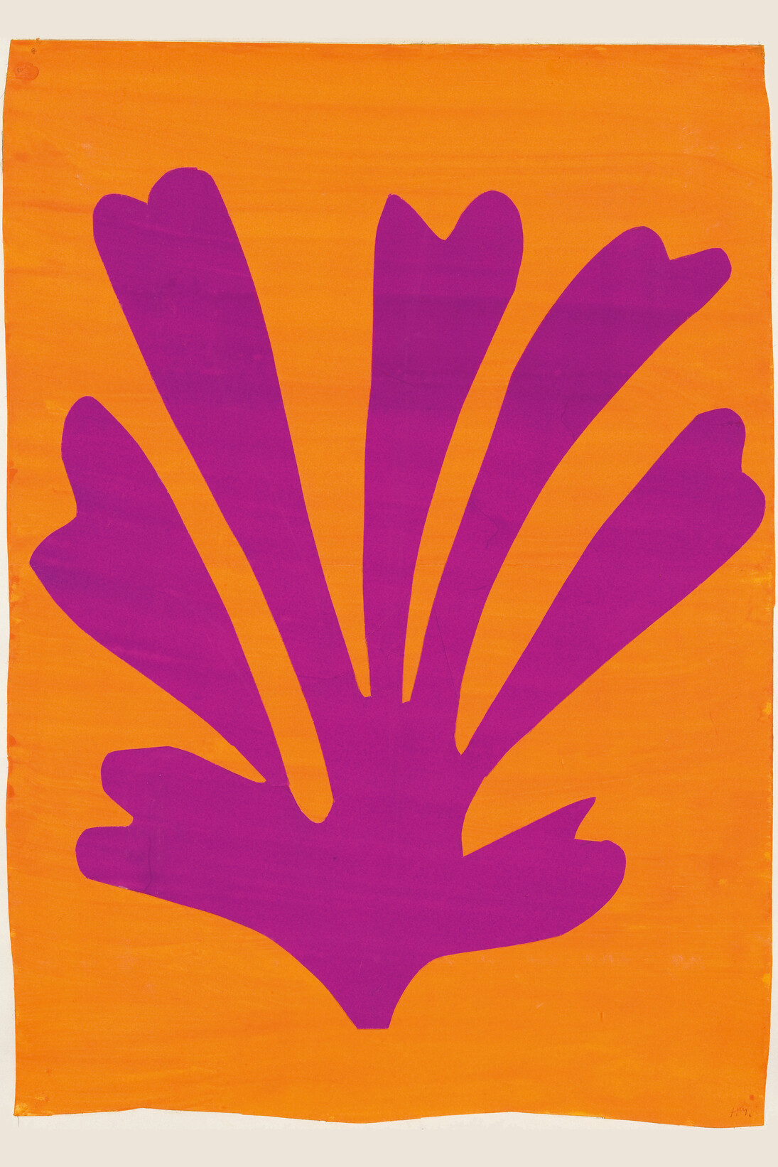 Henri Matisse (French, 1869-1954). Palmette (Feuille violet sur fond orange), 1947. Gouache on paper, cut and pasted. 28 x 21” (71.1 x 53.3 cm). Mr. and Mrs. Donald B. Marron, New York. © 2014 Succession H. Matisse, Paris / Artists Rights Society (ARS), New York