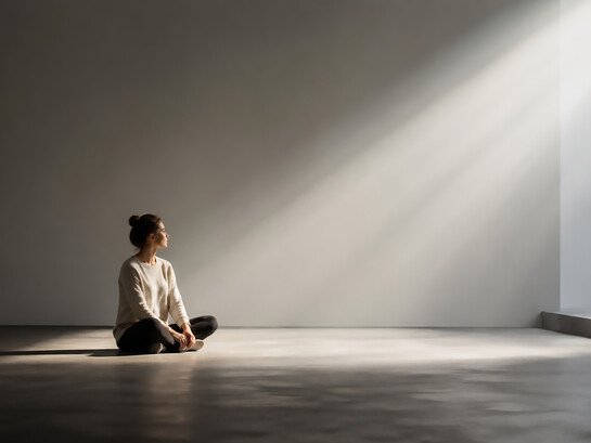 A solitary figure sits within a vast minimalist space, illuminated by a single beam of light that reflects the delicate balance between focus, perception, and the quiet spaces of the mind