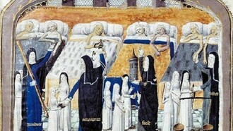 Sala dell’Hotel Dieu a Parigi. Musée de l’Assistance Publique, miniatura da un manoscritto del XV sec.