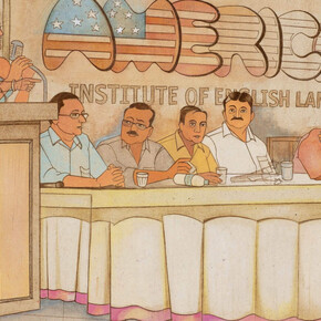 Roshan Chhabria, American institute of spoking english (detail), 2026. Courtesy of Sakshi Gallery