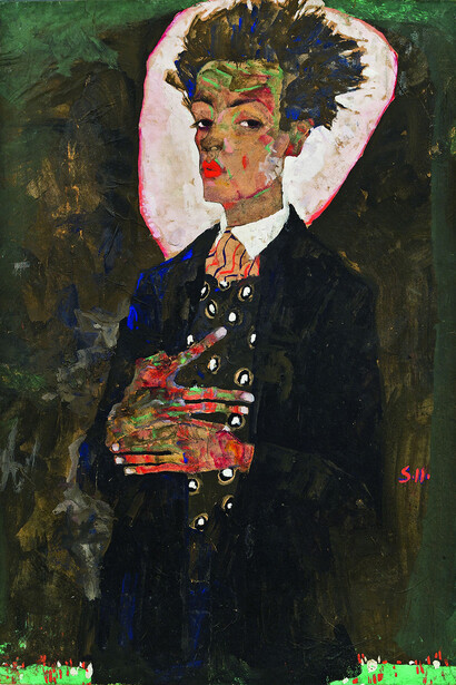 Egon Schiele (1890-1918), Self-Portrait with Peacock Waistcoat, Standing, 1911, Gouache, watercolor, and black crayon on paper, mounted on board, Ernst Ploil, Vienna