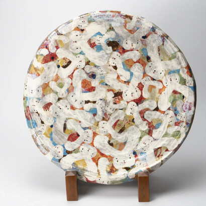 Koyama Atsuko 小山厚子, Plate with rabbit patterns "Tsukuyomi (Moon poem)", 2024. Courtesy of Dai Ichi Arts