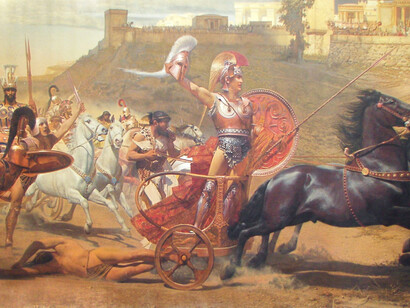 Achille trascina il corpo senza vita di Ettore attorno a Troia. Affresco della fine del XIX secolo nel palazzo dell'Achilleion a Corfù, Grecia