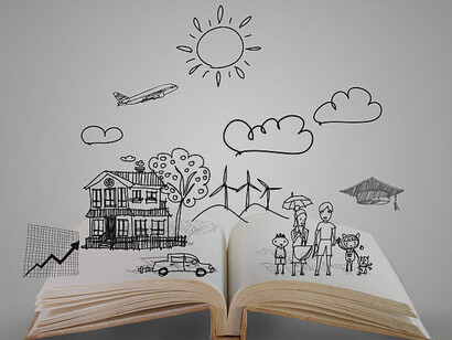 An open book, brimming with captivating stories, illustrations, and the limitless creativity of the human mind