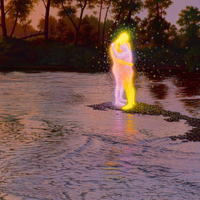 Adrian Cox, The Lost Spectral Witnesses XX (Island), 2022, oil on panel, 36x48 inches. Courtesy the artist and Corey Helford, Los Angeles