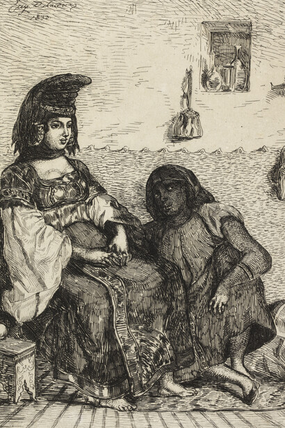 Juive d'Alger : Juive de Tanger Une femme en costume de mariée est assise, pensive . Une servante maure, assise par terre, lui tient compagnie, le regard dirigé vers elle. Le titre est erroné et devait être "Juive de Tanger". Le titre "Juive d'Alger" remonte à la vente après décès, en référence à la visite de Delacroix dans un harem de cette ville. MAHJ2006.39.001 Delacroix Eugène (1798-1863) Localisation : Paris, musée d'Art et d'Histoire du Judaïsme Photo (C) RMN-Grand Palais (musée d'art et d'histoire du judaïsme) / Thierry Ollivier