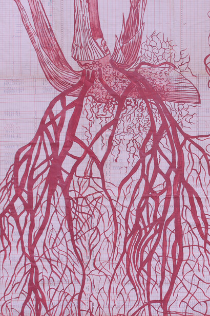Saccharum officinarum and Queen Anne’s Lace, (2015) Latex on Ledger Pages, 178 x 205 cm, 2016. Photo credit: Mark King. (Detail)