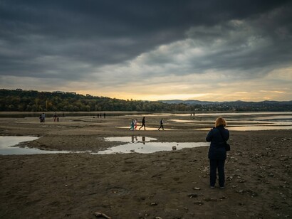 Water levels along the Danube River in Novi Sad, Serbia, have fallen dramatically amid prolonged drought conditions