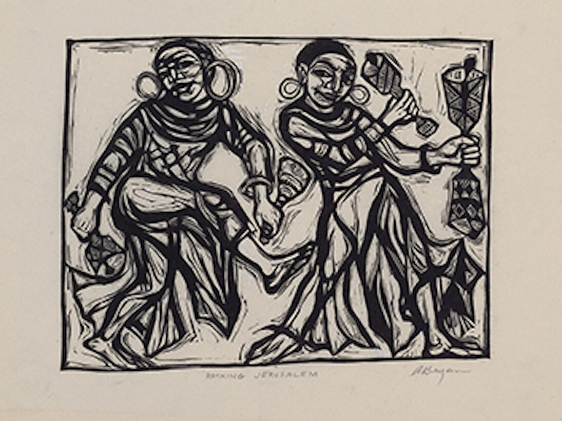 Ashley Bryan, American, born 1923, Rocking Jerusalem, 1974, Final illustration for Walk Together Children: Black American Spirituals (Atheneum Books, 1974), Linoleum cut on rice paper. The Eric Carle Museum of Picture Book Art, Amherst, Massachusetts. Gift of the artist. 