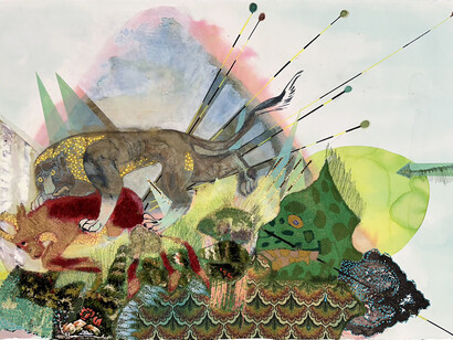 Griselda Rosas, La Batalla de Vortex (detail), 2023. Embroidery, cyanotype, watercolor, textiles, 43 x 72 in. Courtesy of Luis De Jesus Los Angeles