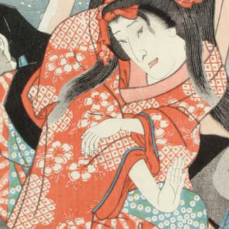 Utagawa Kunisada, Kabuki actors as a puppet of Yaoya Oshichi with puppet manipulators (detail), 1856. Courtesy of Norton Museum of Art