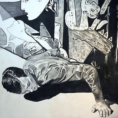 Andrea Saltini, Sopravvivere a Picasso, 2018,  argilla pigmentata di nero, gesso, pigmenti, inchiostri cines, courtesy ArteSì (Copia)