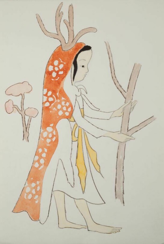 Liu Jude (b. 1946, Shangdu, Inner Mongolia), Jaizi Saves the Deer, 1984, Ink and gouache on paper, 15 1/8 x 10 5/8 inches