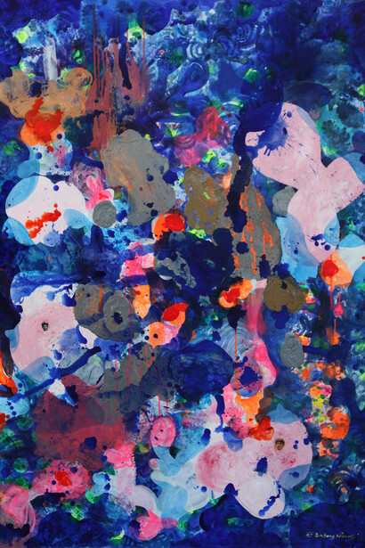 Into Landscape: Floating Garden, 2018, acrylic, glitter, and photo collage on canvas, 167.5 x 126.5 cm, © Entang Wiharso, courtesy of the artist and Mizuma Gallery
