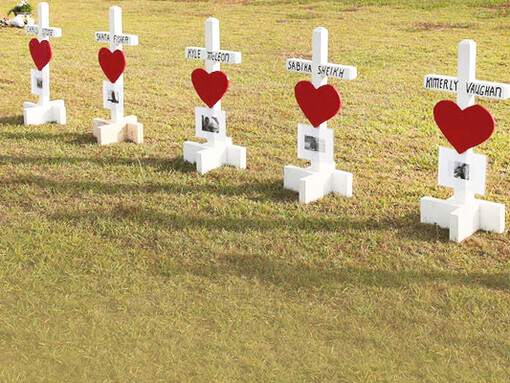 Crosses representing victims of a 2018 school shooting in Santa Fe, Texas