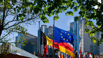 European Union flags displayed in front of the European Parliament in Brussels, Belgium