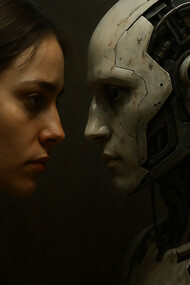 A haunting face-off between humanity and machine—where identity, emotion, and control hang silently in the balance