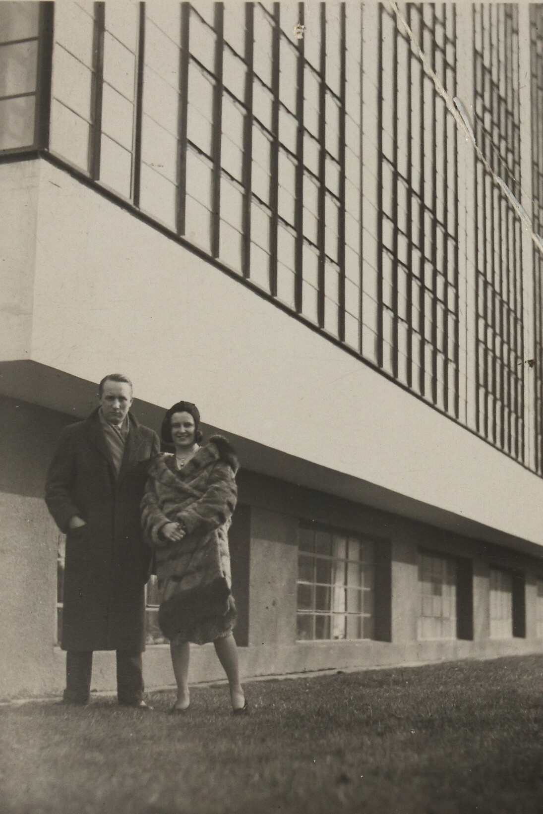 Knud Lonberg-Holm. Knud & his wife Ethel outside of Bauhaus, 1931, Vintage gelatin silver print, 4 3/8 x 3 3/8 inches (11.1 x 8.6 cm), Dated & inscribed on verso