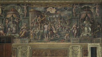 Bottega di Raffaello.Pared "Visión de la Cruz" antes de la restauración. Sala de Constantino. Foto gentileza de los Museos Vaticanos