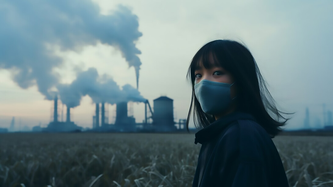 Woman wearing face mask against co2 pollution, it is known that such pollution is carcinogenic