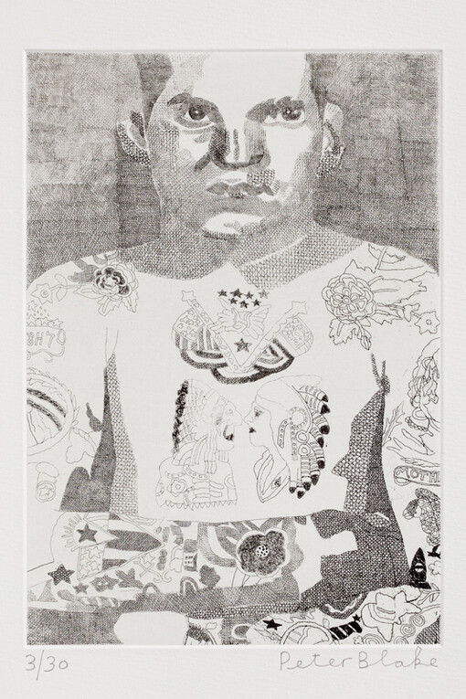 Peter Blake, Elvis Two Rivers, 2014, Etching on Somerset white 300gsm, Sheet size: 17 x 13 in / 43 x 33 cm, Frame size: 19 x 15 in / 48 x 38 cm, Edition of 30, Signed and numbered, courtesy of Eleven, London 
