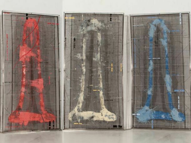 Enrique Brinkmann, Cuatro estudios de sonajero chino, 2011, oil on steel mesh, 205 x 440cm