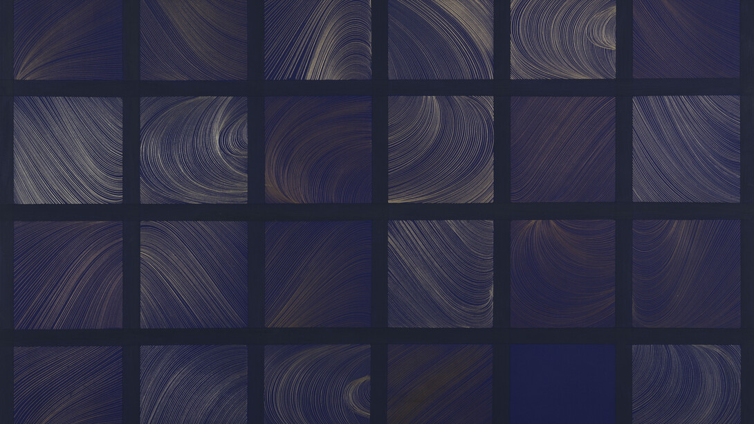 Harmonizations XIII, 2019, silver/gold/aluminum/copperpoint, copper and aluminum metal wool pad, navy blue gesso on wood panel