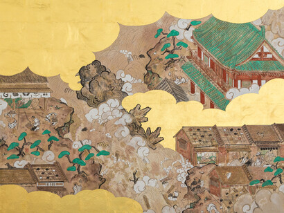 Hayaki Nishigaki, Views in and around Kyoto and flashing light. 2023, 910×1167mm, wood board, washi, sumi, gold leaf, pigments. Courtesy the artist and Ronin Gallery
