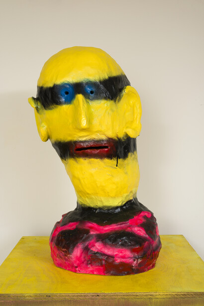 Danny First, detail of "Frank", ceramic and painted wood, Courtesy of the artist