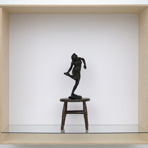 Haim Steinbach, dancer with raised right foot, 2011, Wood, plastic laminate and glass box; wood stool; painted bonded bronze Degas statuette, 52 x 56 x 25 5/8 inches; 132.1 x 142.2 x 65.1 cm. Collection Statens Museum fur Kunst, Copenhagen. Courtesy the artist and Tanya Bonakdar Gallery, New York
