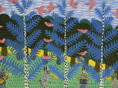 Maria Prymachenko: Spring Revels of Hares and Birds, 1968, gouache on paper, 60 x 84 cm, National Museum of Ukrainian Folk Decorative Art