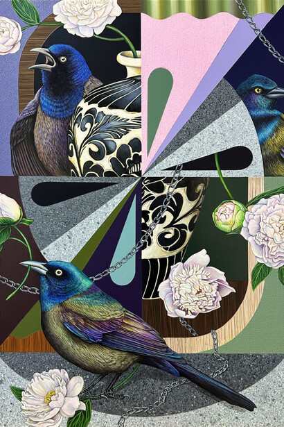 Christian Ruiz Berman, Grackles of grace, 2023. Acrylic on panel, 45.72h x 60.96w cm, 18h x 24w in. Courtesy of Nicodim Gallery