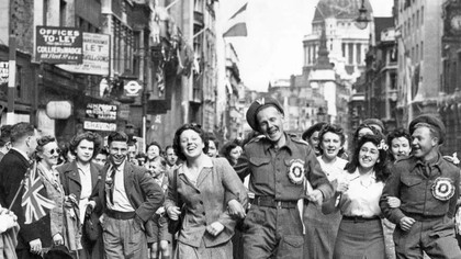 Victory Day celebrations by soldiers and citizens in Europe back in 1945